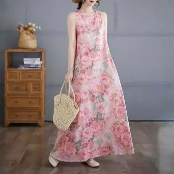 DIMANAF 2025 Women Linen Summer Flower print Dress Casual Ladies Basic Long Dress 8085 M