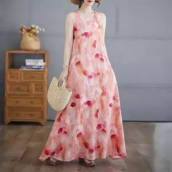 DIMANAF 2025 Women Linen Summer Flower print Dress Casual Ladies Basic Long Dress 8088 M