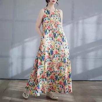 DIMANAF 2025 Women Linen Summer Flower print Dress Casual Ladies Basic Long Dress 8134 M