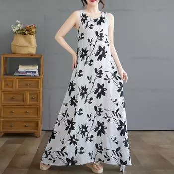 DIMANAF 2025 Women Linen Summer Flower print Dress Casual Ladies Basic Long Dress 8238 M
