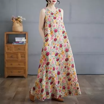DIMANAF 2025 Women Linen Summer Flower print Dress Casual Ladies Basic Long Dress 8083 M