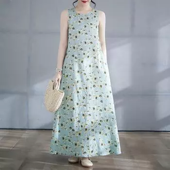 DIMANAF 2025 Women Linen Summer Flower print Dress Casual Ladies Basic Long Dress 8136 M