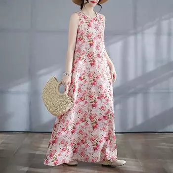 DIMANAF 2025 Women Linen Summer Flower print Dress Casual Ladies Basic Long Dress 8133 M