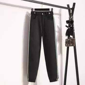 DIMANAF 2025 Женские длинные брюки, черные брюки с эластичной талией, полосатые, винтажные повседневные свободные брюки, осень XL чёрный