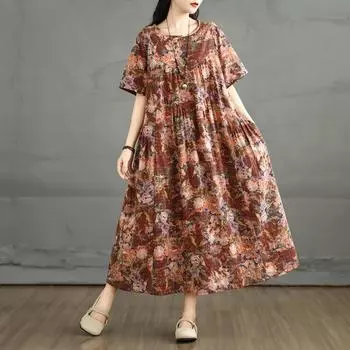DIMANAF 2025 Women New Summer Dress Loose Vintage Printing Floral Basic Casual Oversized Long Dress Plus Size L коричневый
