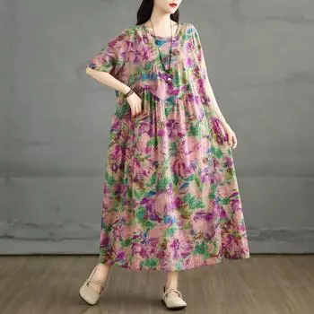 DIMANAF 2025 Women New Summer Dress Loose Vintage Printing Floral Basic Casual Long Dress Oversized Plus Size L фиолетовый