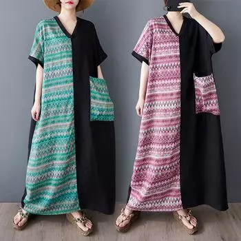 DIMANAF 2025 Women New Summer Plus Size Dress Loose Bohemian Printing Pocket Basic Casual Long Dress Oversized One Size красный