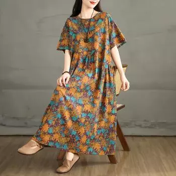 DIMANAF 2025 Women Plus Size New Summer Dress Casual Oversized Linen Basic Vintage Loose Maxi Printing Dress L оранжевый