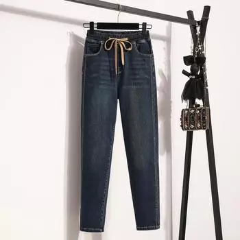 DIMANAF 2025 Женские джинсы больших размеров Весна Длинные брюки Эластичные базовые брюки Узкие повседневные джинсовые женские синие брюки Модные брюки 5XL XL синий