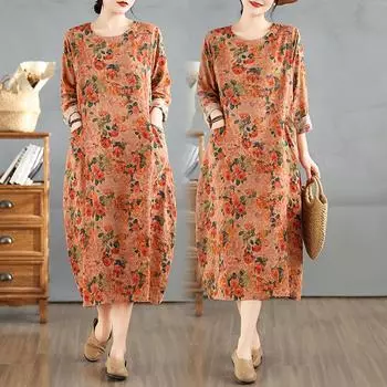 Dimanaf 2025 Женское Длинное Платье Большого Размера Весна Свободное Длинное Платье Базовый О-Образный Вырез Винтаж Повседневный Макси Цветочный Оверсайз One Size оранжевый