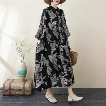 Dimanaf 2025 Женское длинное весеннее платье больших размеров, свободное платье, базовое повседневное макси-платье с праздничным принтом, винтажное One Size чёрный