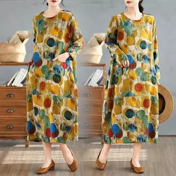 Dimanaf 2025 Женское Длинное Платье Большого Размера Весна Свободный Базовый Принт Винтаж Повседневный Оверсайз Длинный Рукав Макси One Size жёлтый