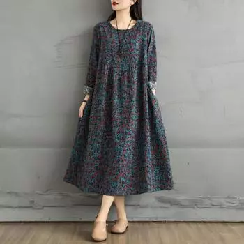 DIMANAF 2025 Women Plus Size Spring Long Dress Vintage Long Sleeve O-Neck Loose Casual Maxi Floral New L синий