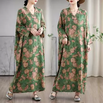 Dimanaf 2025 Женское длинное платье больших размеров на весну Свободное платье с цветочным принтом Базовое повседневное макси с винтажным принтом Праздничное One Size зелёный