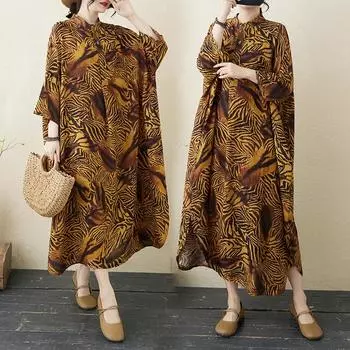 Dimanaf 2025 Женское длинное платье больших размеров на весну Платье большого размера с простым принтом Повседневное свободное макси-платье Праздничное винтажное One Size жёлтый