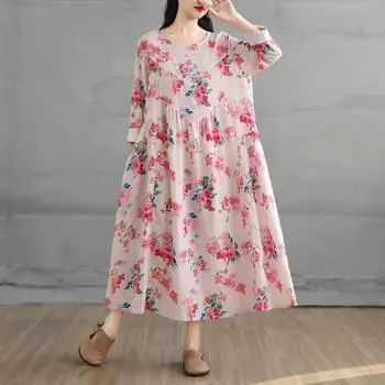 DIMANAF 2025 Women Plus Size Spring Summer Dress Casual Dress Vintage Loose Basic Floral Printing Long Sleeve Maxi L розовый