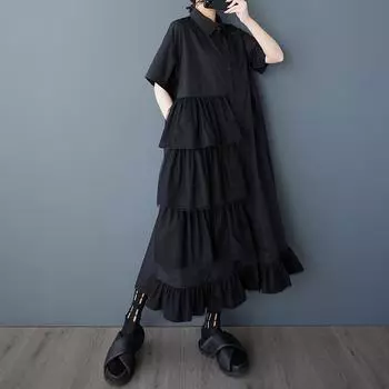 DIMANAF 2025 Women Plus Size Summer Dress Casual Dress Basic Vintage Lace Spliced Buttons Loose Long Dress One Size чёрный