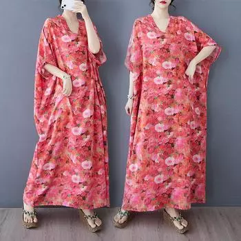 DIMANAF 2025 Women Plus Size Summer Dress Basic Floral Long Dress Vintage Casual V-Neck Cotton Linen Loose One Size красный
