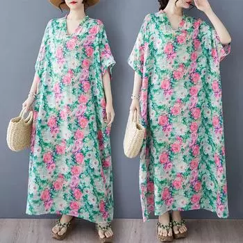 DIMANAF 2025 Women Plus Size Summer Dress Basic Long Dress Vintage Floral Loose Casual Cotton Linen V-Neck One Size зелёный