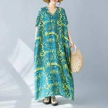 DIMANAF 2025 Women Plus Size Summer Dress Casual Oversize Dress Basic Loose Leaf Printing Vintage Long Dress One Size зелёный