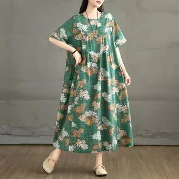 DIMANAF 2025 Women Plus Size Summer Dress Casual Oversized Basic Vintage Loose Maxi Floral Printing Dress New L зелёный