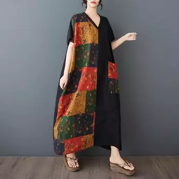 DIMANAF 2025 Women Plus Size Summer Long Dress Basic Maxi Floral Printing Casual Vintage Linen Dress Loose One Size чёрный