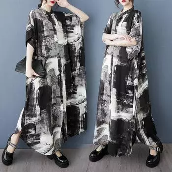 DIMANAF 2025 Women Plus Size Summer Loose Shirt Dress Casual Printing Dress Basic Vintage Button Short Sleeve Maxi XL чёрный