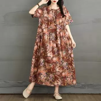 DIMANAF 2025 Women Plus Size Vintage Dress New Loose Summer Floral Dress Elegant Basic Casual Dress Maxi Linen L коричневый