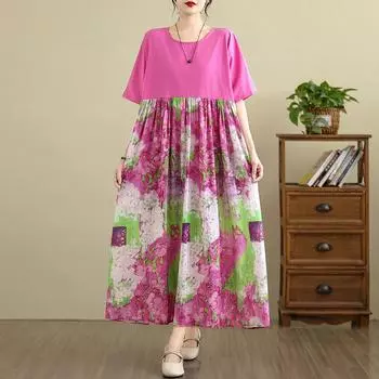 DIMANAF 2025 Women Plus Size Vintage Summer Dress Short Sleeve Casual Basic New Printing Dress Loose Long Dress One Size розовый