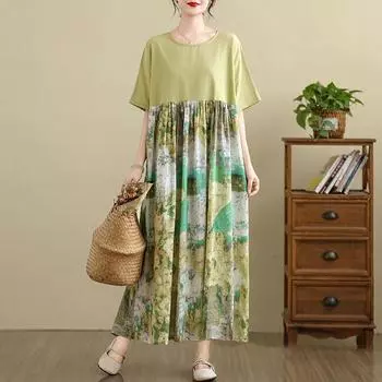 DIMANAF 2025 Women Plus Size Vintage Summer Dress Short Sleeve Casual Basic New Dress Loose Long Dress One Size зелёный