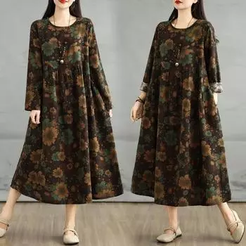 DIMANAF 2025 Women Spring Long Dress Floral New Long Sleeve Vintage Loose Oversize Casual Maxi Plus Size L коричневый
