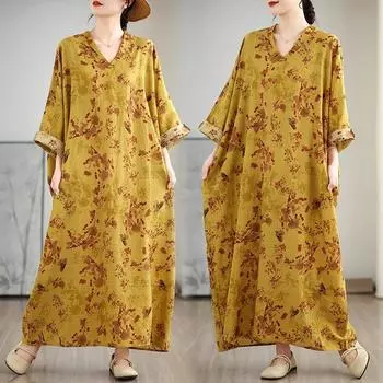 DIMANAF 2025 Women Spring Long Dress Plus Size Basic Beach Floral Printing Casual Vintage Linen Dress Loose One Size жёлтый