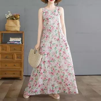 DIMANAF 2025 Women Summer Dress Ladies Basic Long Linen Flower Dress 8236 M