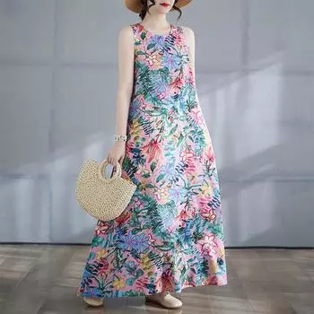 DIMANAF 2025 Women Summer Dress Ladies Basic Long Linen Flower Dress 8131 M