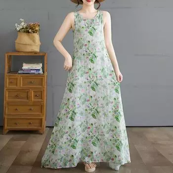 DIMANAF 2025 Women Summer Dress Ladies Basic Long Linen Flower Dress 8235 M