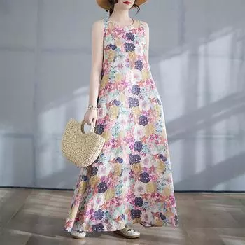 DIMANAF 2025 Women Summer Dress Ladies Basic Long Linen Flower Dress 8135 M