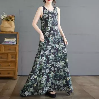 DIMANAF 2025 Women Summer Dress Ladies Basic Long Linen Flower Dress 8237 M