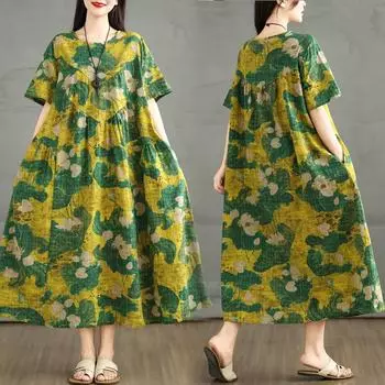 DIMANAF 2025 Women Summer Dress Loose Vintage Printing Floral Basic Casual Oversized Long Dress Plus Size L зелёный