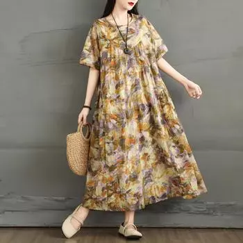 DIMANAF 2025 Women Summer Dress Vintage Printing Floral Basic Casual Oversized Long Loose Dress Plus Size L жёлтый