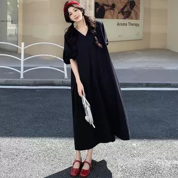 DIMANAF 2025 Women Summer Long Dress Vintage Short Sleeve Shirt Dress Basic Elegant Casual V-Neck Oversized Loose Plus Size Dress XL чёрный