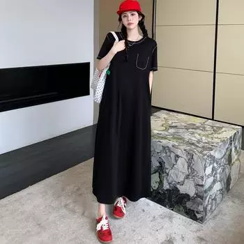 DIMANAF 2025 Women Summer Long Dress Vintage Short Sleeve Shirt Black Dress Basic Casual Loose Plus Size Dress L чёрный