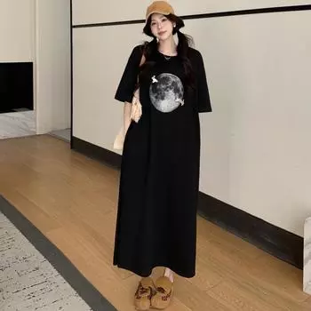 DIMANAF 2025 Women Summer Long Dress Vintage Printing Short Sleeve Shirt Dress Basic Casual Loose Plus Size Dress XL чёрный