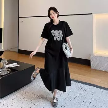 DIMANAF 2025 Women Summer Plus Size Dress Vintage Pattern Shirt Dress Basic Long Elegant Casual Oversized Loose Dress L чёрный