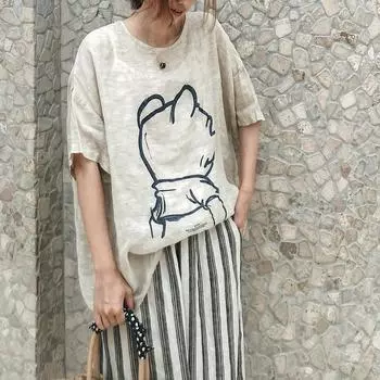 DIMANAF 2025 Женская футболка Летняя льняная рубашка Блузка с коротким рукавом Модные топы Футболки Свободные футболки Новая черная блузка One Size чёрный