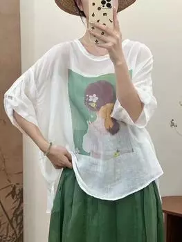 Dimanaf 2025 Женская льняная футболка Летняя рубашка Блузка с коротким рукавом Модные топы Футболки Свободные футболки Новая блузка One Size