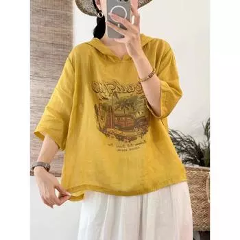 DIMANAF 2025 Женская льняная футболка Шляпа Летняя рубашка Блузка Короткий рукав Модные топы Футболки Свободные футболки Новинка One Size жёлтый