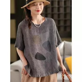 DIMANAF 2025 Женская льняная футболка Шляпа Летняя рубашка Блузка Короткий рукав Модные топы Футболки Свободные футболки Новинка One Size