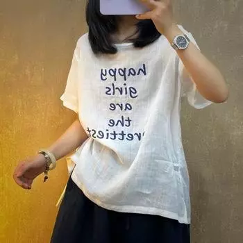 Dimanaf 2025 Женская льняная новая футболка летняя рубашка блузка с коротким рукавом модные топы футболки свободные футболки новая блузка One Size белый