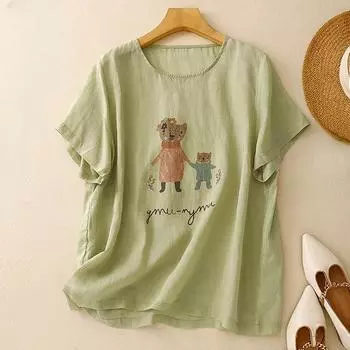 DIMANAF 2025 Женская летняя футболка больших размеров с винтажным принтом из льна, базовые тонкие топы, футболки макси M зелёный