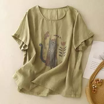 Dimanaf 2025 Женская летняя футболка больших размеров с винтажным принтом из льна, базовые топы, футболки, макси M зелёный